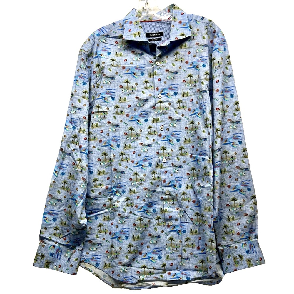 Bugatchi Men's Classic Fit Blue Cotton XL Surf Bus Trees Shirt (E5)
